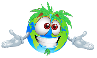 Weed World Logo Mascot. Smiling globe with outstretched hands welcoming you to come in and find weed near you in Marquette, Michigan.
